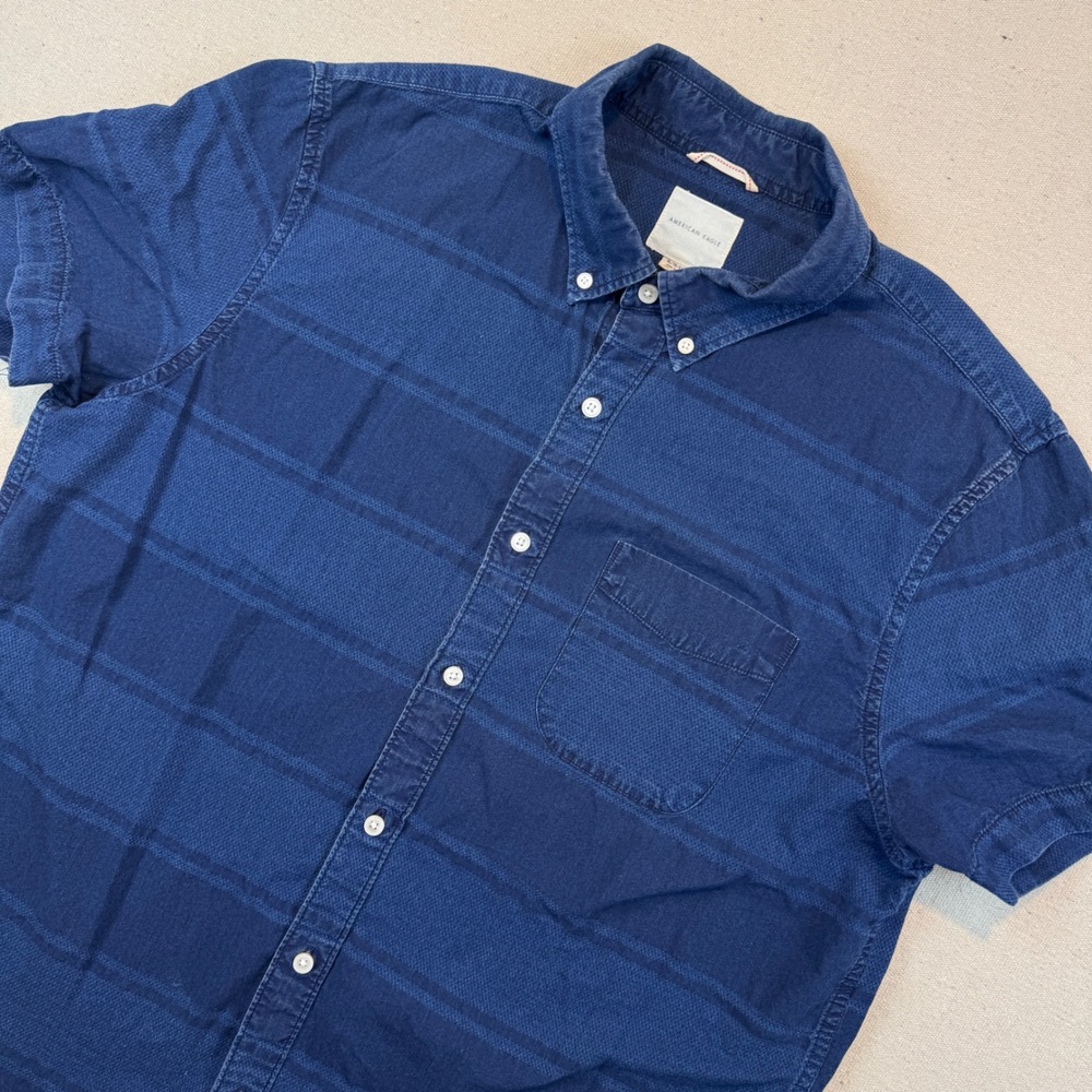 American Eagle XL Button Down Shirt Mens Blue Striped Dobby Cotton Short Sleeve